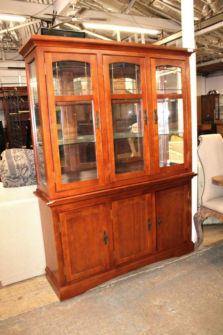 Mission oak leaded glass 2pc china cabinet by Master Design Furniture: Mission oak leaded glass 2pc china cabinet by Master Design Furniture approx. 57" w x 17" d x 77" h top is 45" h
