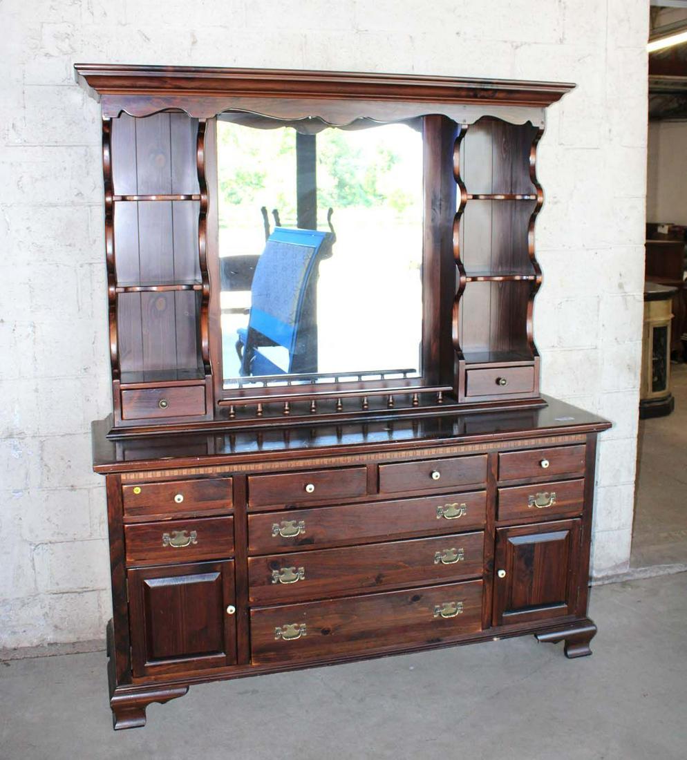 Ethan Allen 2pc knotty pine dresser with hutch top mirror approx. 67" w x 21" d x 79" h top is 45" h (1 of 2)