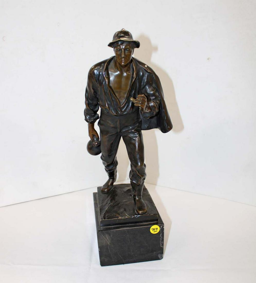 Semi antique signed bronze on marble of man carrying a water jug approx. 5" w x 7" d x 18" h (1 of 5)