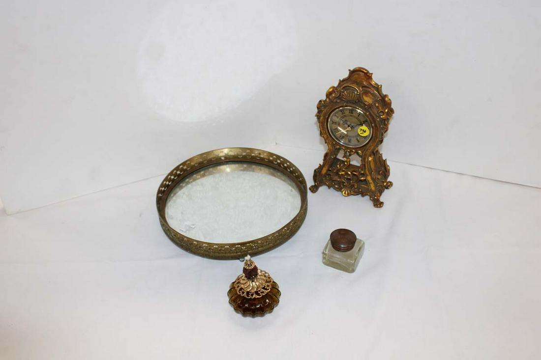 4pc lot including a bronze wrapped etched mirror, oil lantern, antique ink well and more (1 of 3)