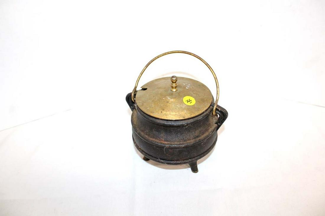 Cast Iron fire starter pot with brass lid approx. 6" diameter x 5" h (1 of 3)