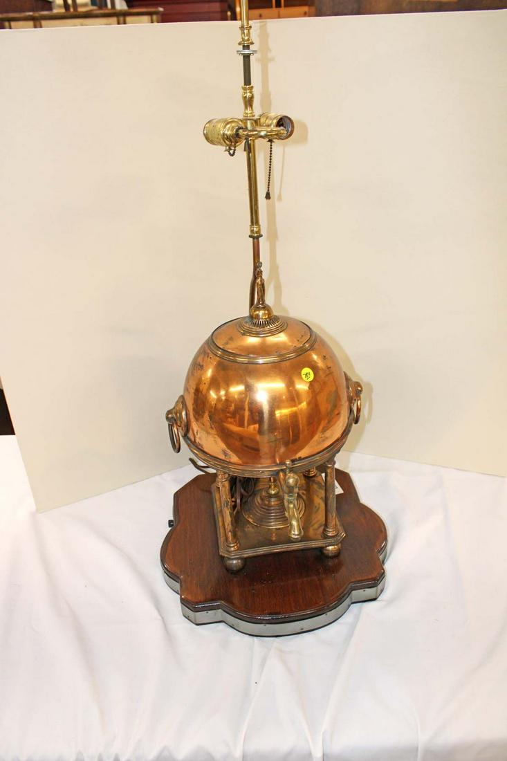 Vintage copper pot custom made into lamp on wooden base approx. 15" w x 15" d x 36" h (1 of 3)