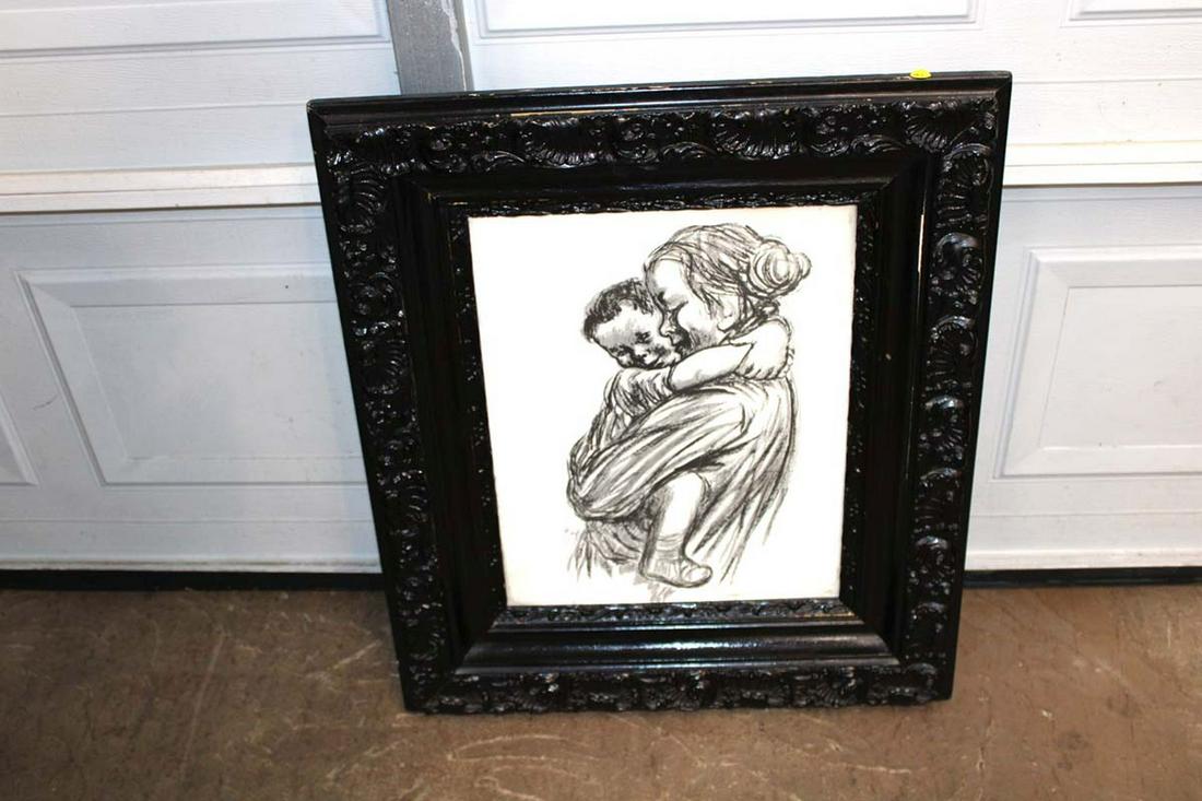 Charcoal style artwork in antique carved frame approx. 27" w x 31" h (1 of 3)