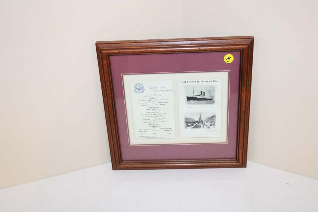 Antique Anchor Line TSS Cameronia cruise ship menu in frame approx. 12" w x 12" h (1 of 3)