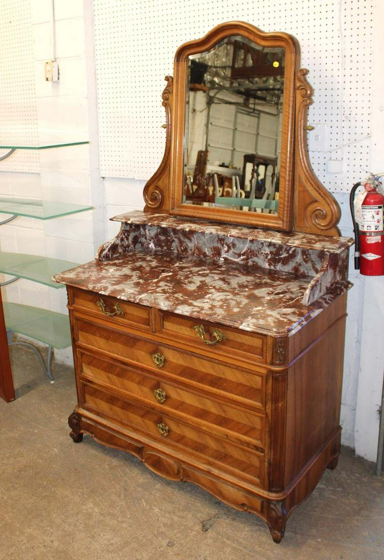 Antique French marble top walnut dresser with mirror approx. 44" w x 23" d x 67" h (1 of 5)