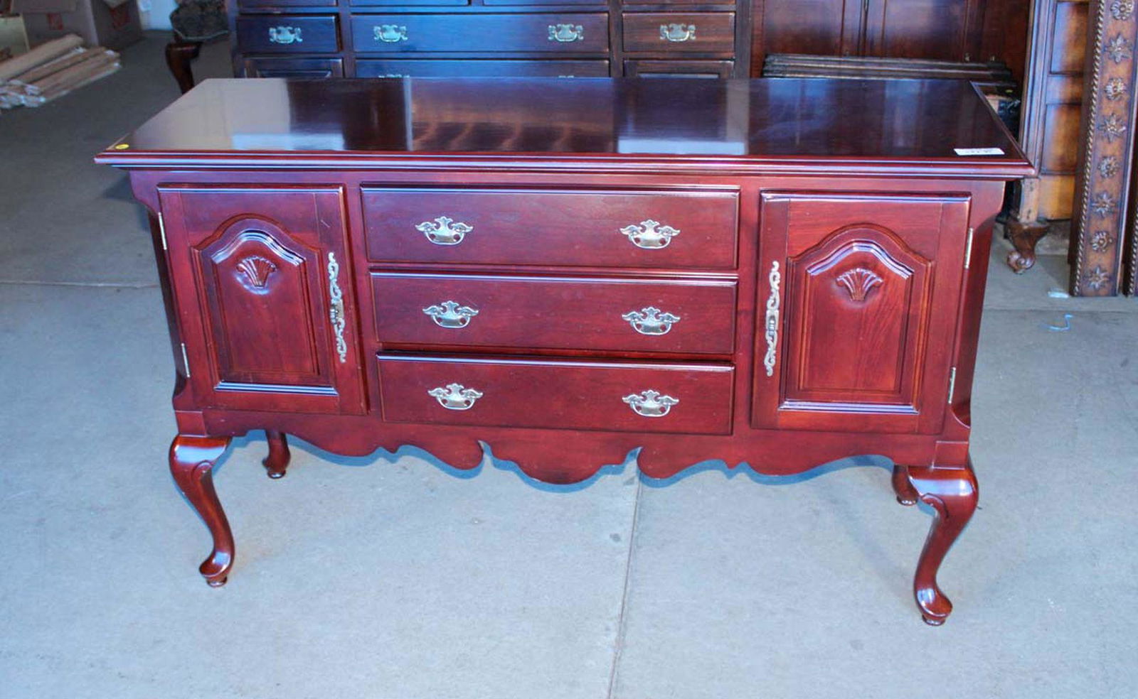 AICO contemporary solid cherry queen anne style 3 drawer 2 door buffet approx. 55" w x 17" d x 34" h (1 of 4)