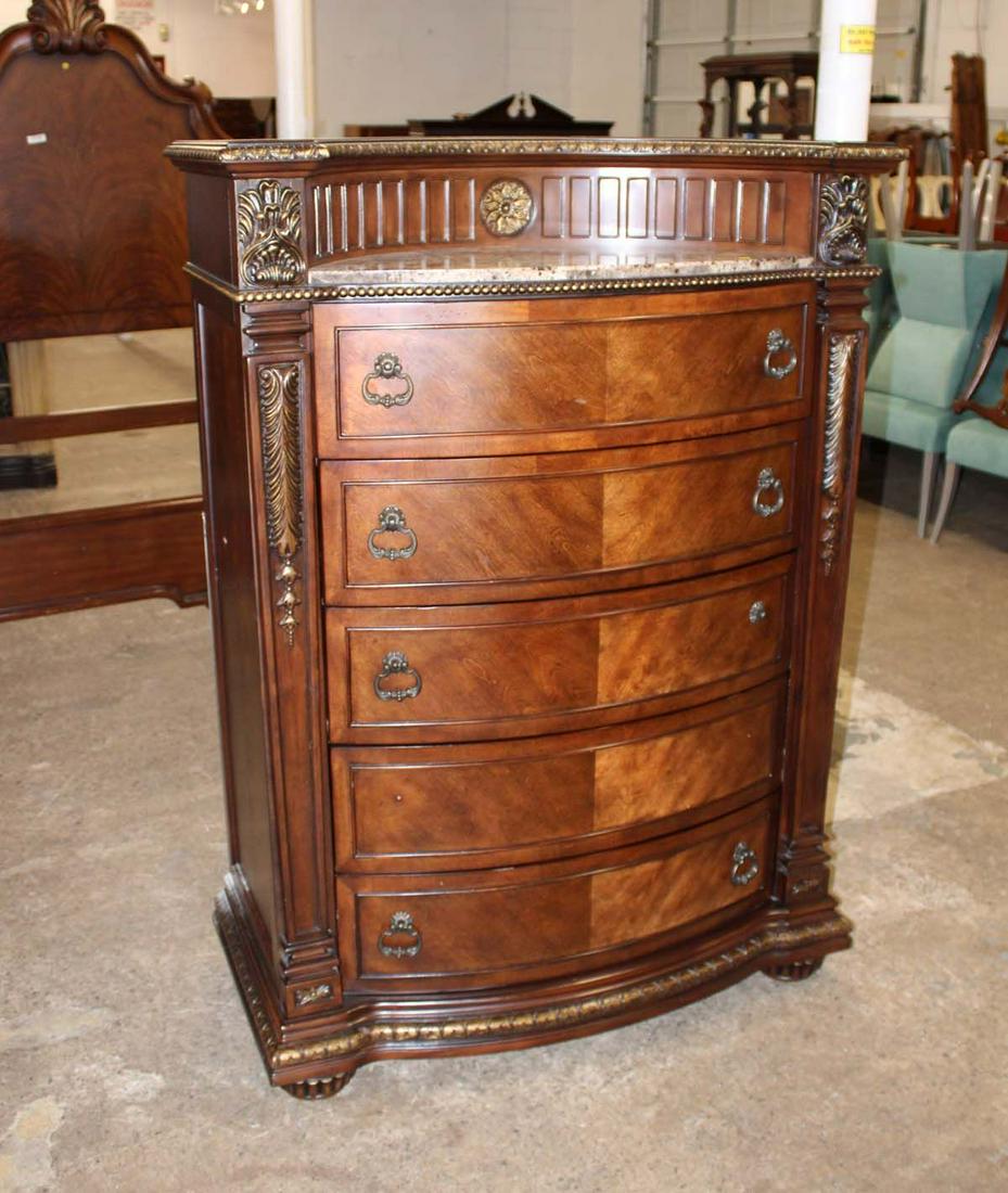 Sanlim Furniture contemporary carved mahogany 5 drawer marble top high chest, missing some hardware (1 of 5)