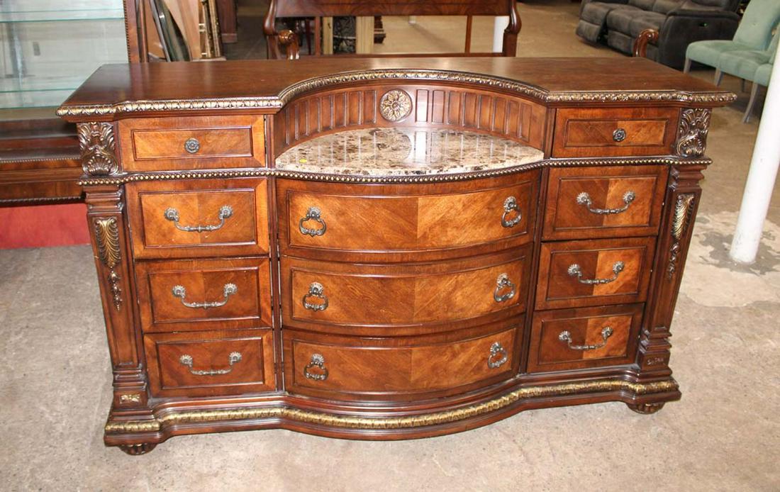 Sanlim Furniture contemporary carved mahogany 11 drawer marble top low chest, has all hardware appro (1 of 6)