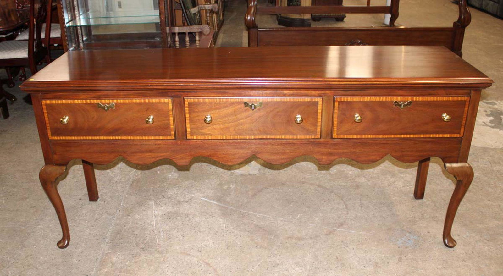 Beautiful Henkel Harris Jamestown collection solid wild black cherry brandy board w/hidden compartme: Beautiful Henkel Harris Jamestown collection solid wild black cherry 3 drawer brandy board with 2 hidden compartments and paperwork, top has some surface scratches approx. 77" w x 21" d x 34" h