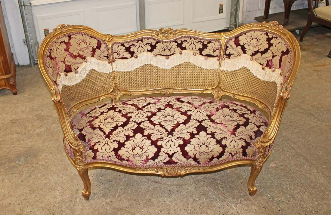 Semi antique French style upholstered cane back gold gilt frame settee approx. 53" w x 27" d x 33" h (1 of 4)