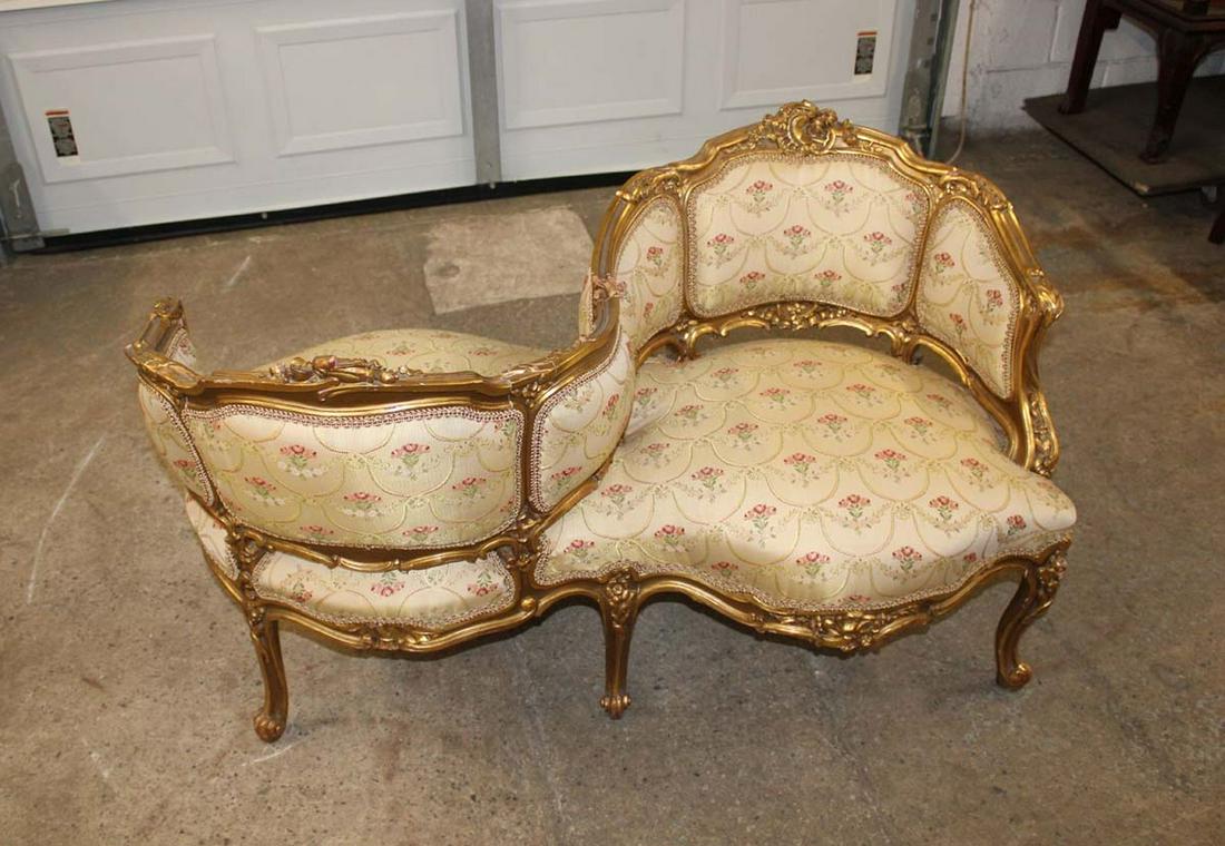 Semi antique French style upholstered gold gilt gossip bench approx. 48" w x 24" d x 29" h (1 of 5)