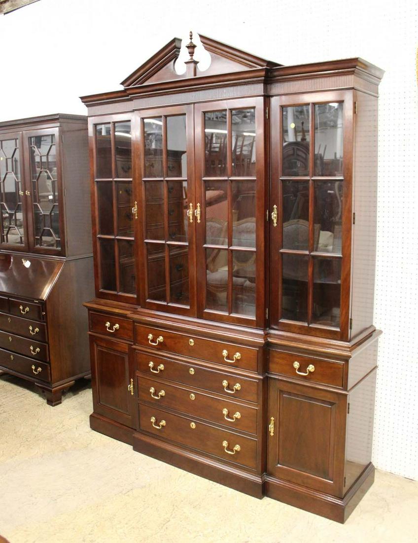 Stickley solid mahogany 2pc breakfront with glass shelves, buffet top is finished approx. 68" w x 18: Stickley solid mahogany 2pc breakfront with glass shelves, buffet top is finished approx. 68" w x 18" d x 91" h top is 58" h