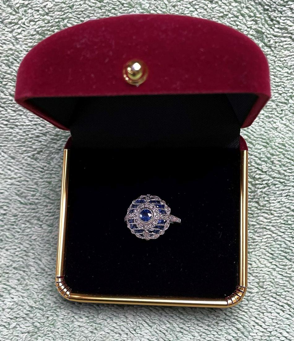 Tested 14K white gold ring with sapphire style and some diamond stones, in the art deco style (1 of 5)