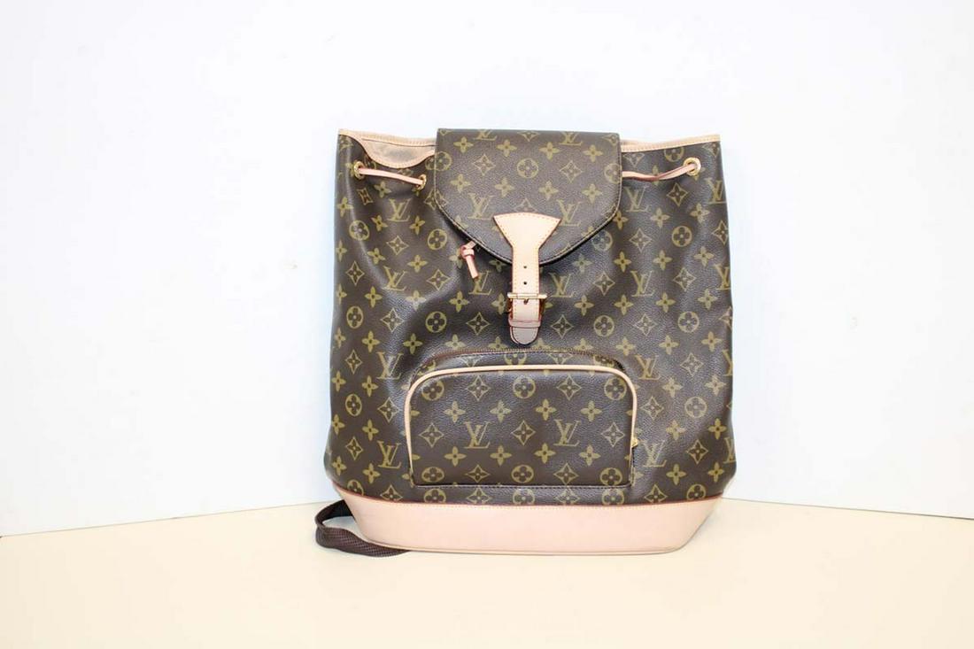 Monogrammed Louis Vuitton style backpack approx. 12" w x 5" d x 15" h NOT AUTHENTICATED (1 of 6)