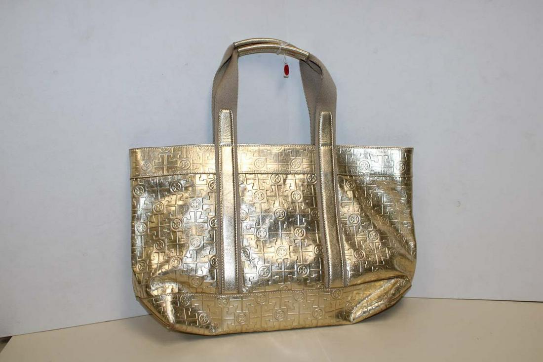 Gold double handle handbag purse Tory Burch style approx. 19" w x 5" d x 12" h NOT AUTHENTICATED (1 of 7)