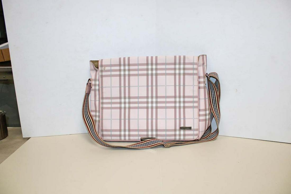 Pink plaid Burberry style computer bag, has some staining approx. 16" w x 4" d x 12" h (1 of 5)