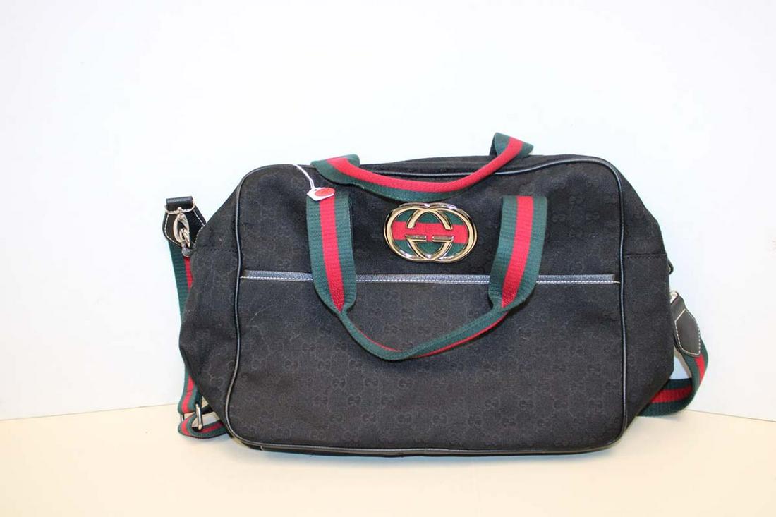 Monogrammed black bag Gucci style computer bag with shoulder strap approx. 15" w x 5" d x 11" h (1 of 4)