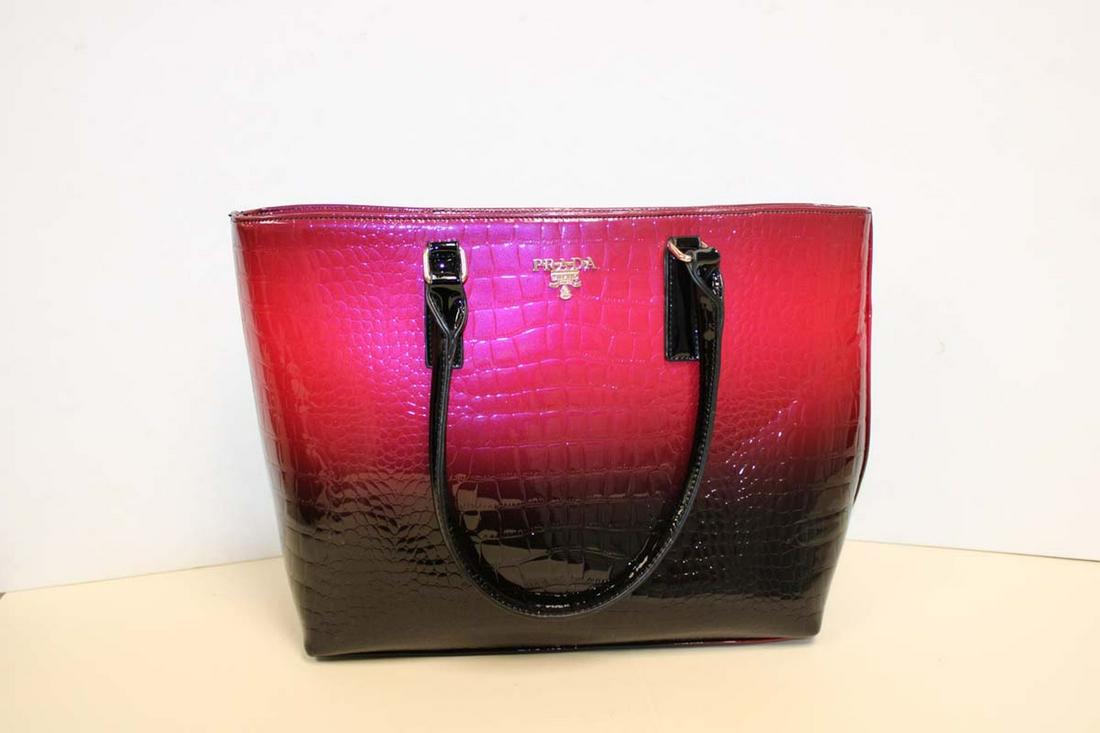 Shadow tone purple and black double handle handbag purse marked Prada approx. 15" w x 5" d x 12" h (1 of 5)