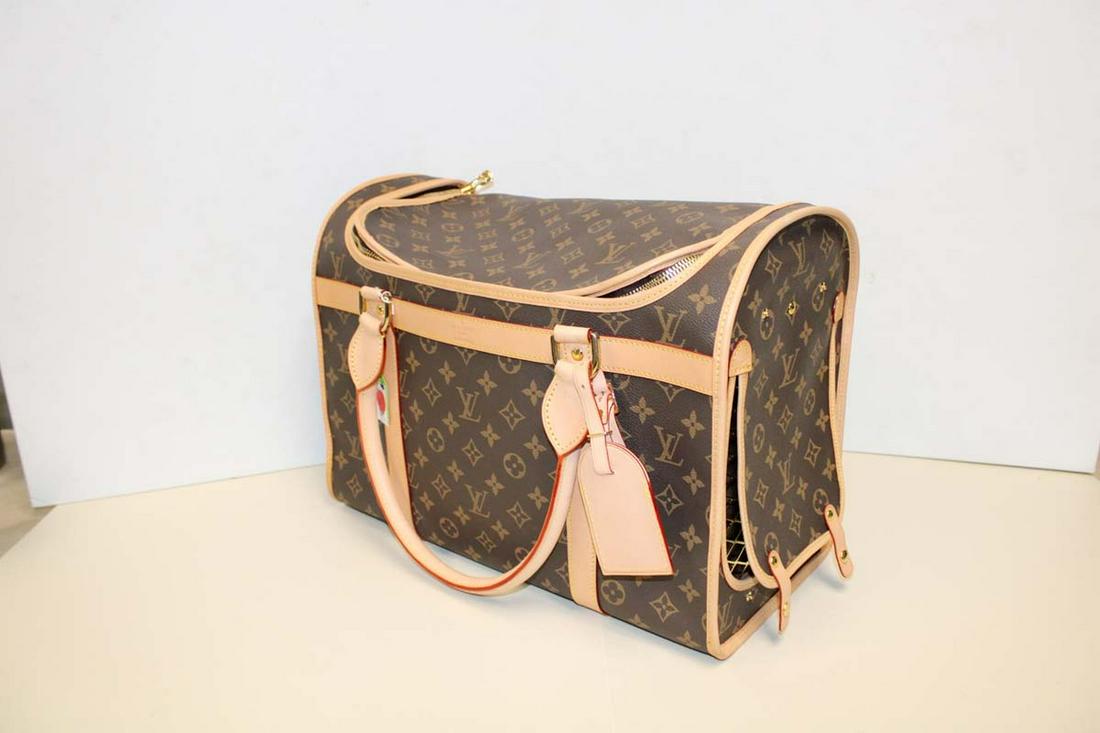 Monogrammed Louis Vuitton style pet carrier double handle approx. 16" w x 8" d x 12" h: Monogrammed Louis Vuitton style pet carrier double handle approx. 16" w x 8" d x 12" h NOT AUTHENTICATED (Bid at your own judgement)