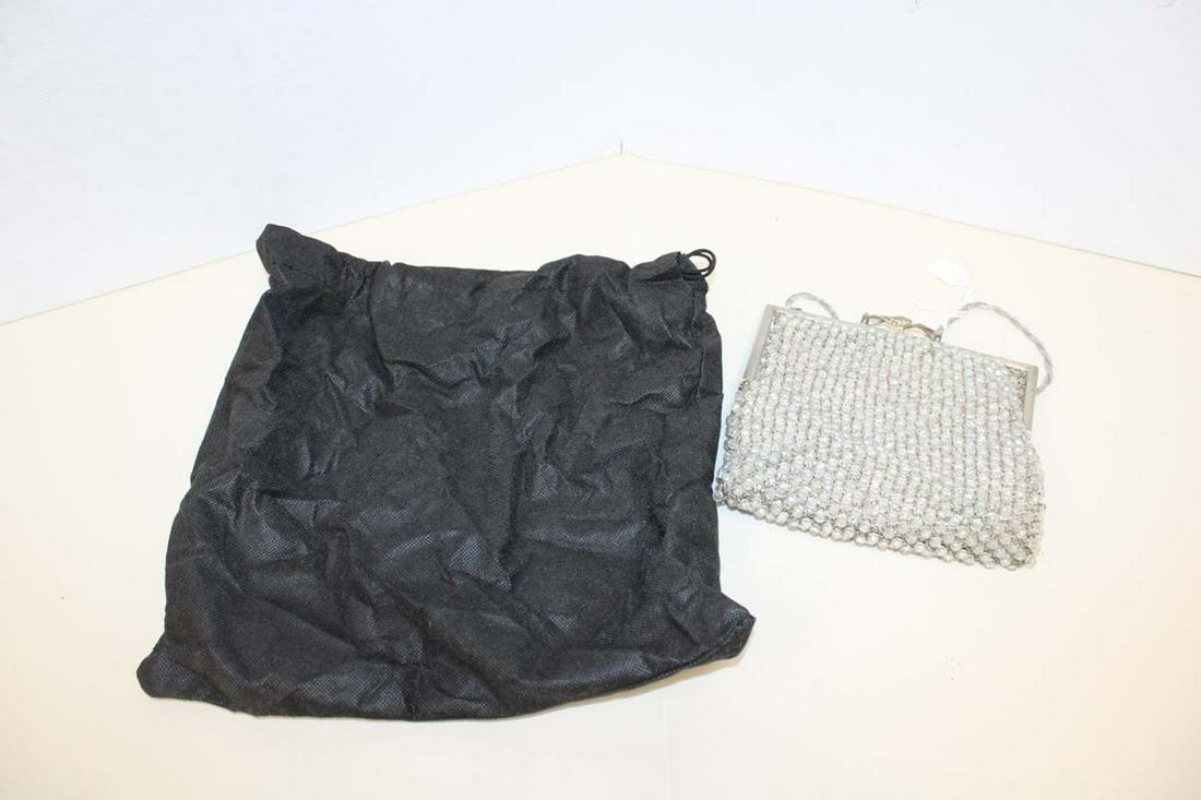 Vintage beaded silver tone clutch purse with dust bag approx. 6" w x 2" d x 6" h (1 of 4)