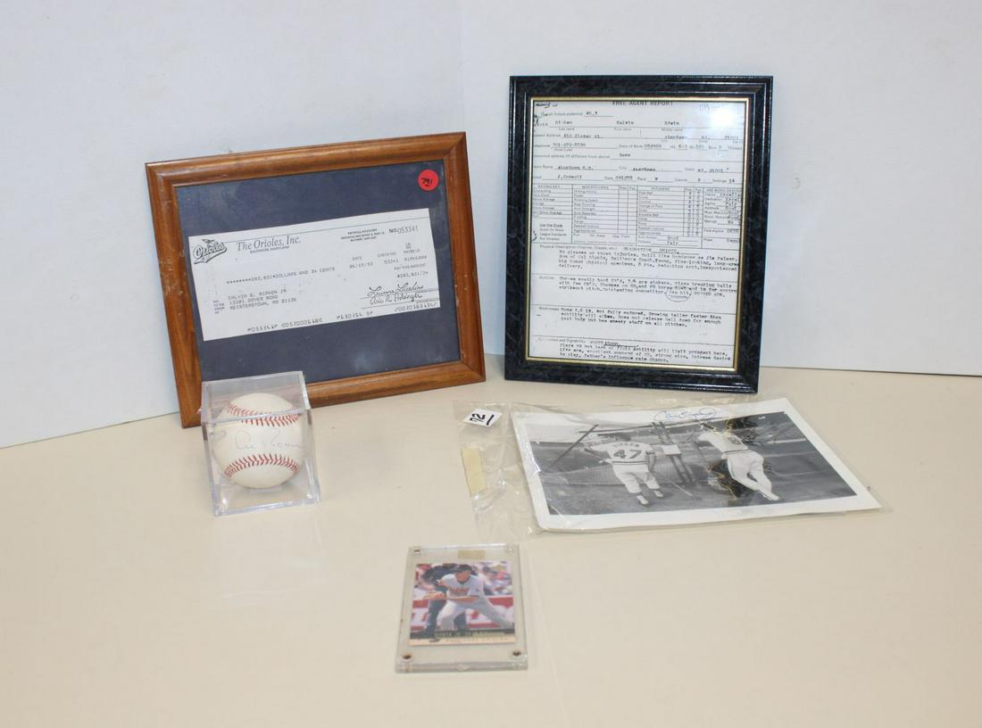 5pc lot of Cal Ripken JR memorabilia, photo, copy of pay stub, free agent contract (1 of 7)