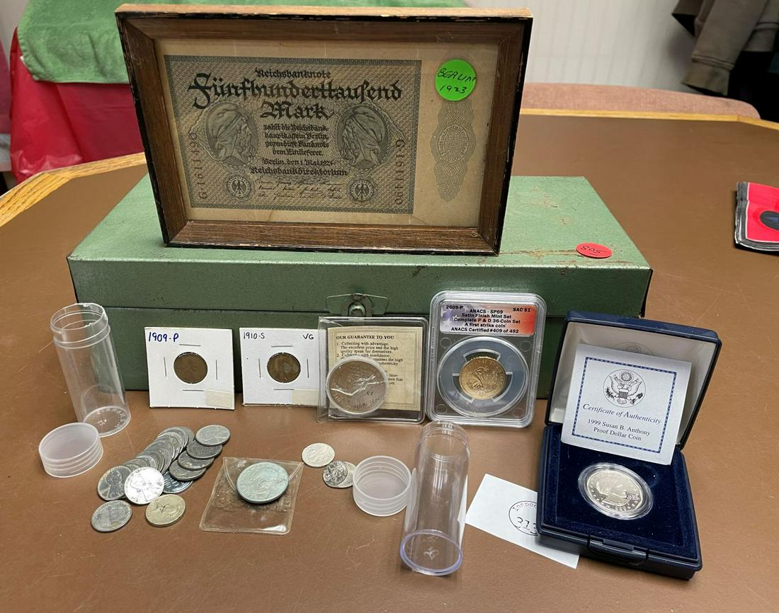 Metal box with various coins, Sacagawea, Susan B, and more, metal box has key (1 of 7)