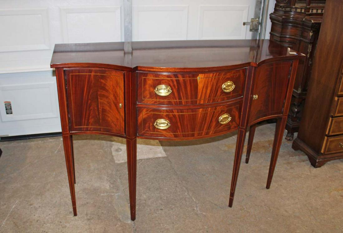 Hickory Chair burl mahogany tapered leg sideboard: Nice Hickory Chair burl mahogany tapered leg 2 drawer 2 door sideboard approx. 56" w x 23" d x 39" h
