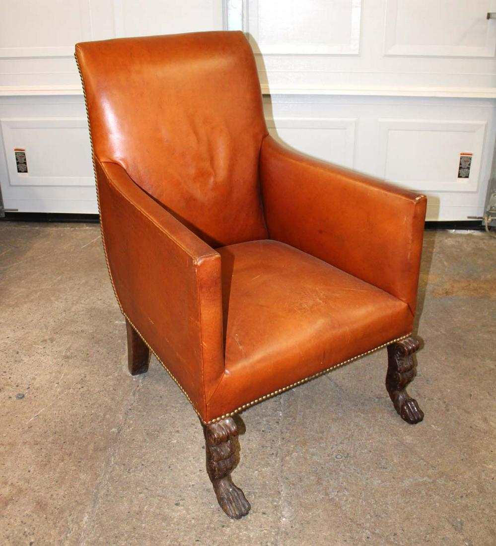 Semi antique leather club chair w/carved paw feet (1 of 4)