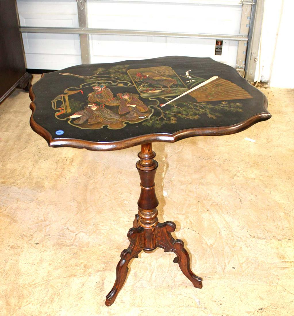 Semi antique Victorian base decorator top table: Semi antique Victorian base Asian decorated top table approx. 27" w x 21" d x 32" h