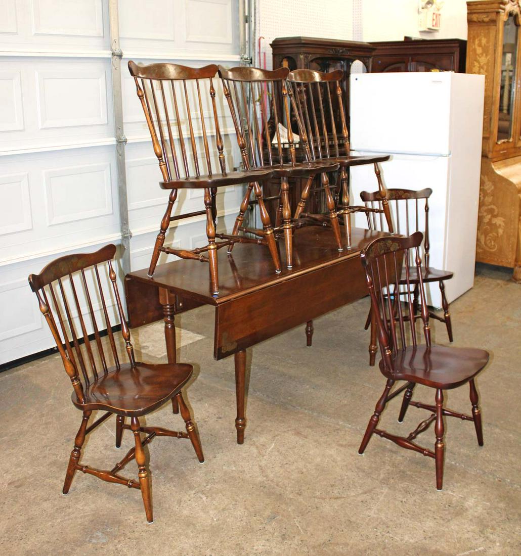 Hitchcock 7pc stenciled cherry dining room set: Hitchcock 7pc stenciled cherry drop side dining room table and 6 Windsor comb neck chairs approx. Table: 60" w x 24" d x 29" h open to 60" w x 40" d Chairs: 21" w x 17" d x 36" h seat height 18"