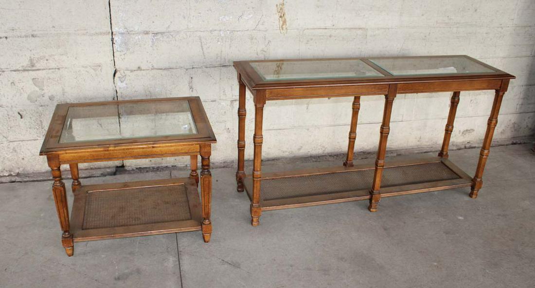 2pc vintage walnut glass top lamp/console table: 2pc vintage walnut glass top lamp and console table approx. Console: 52" w x 16" d x 28" h Lamp: 27" w x 21" d x 21" h