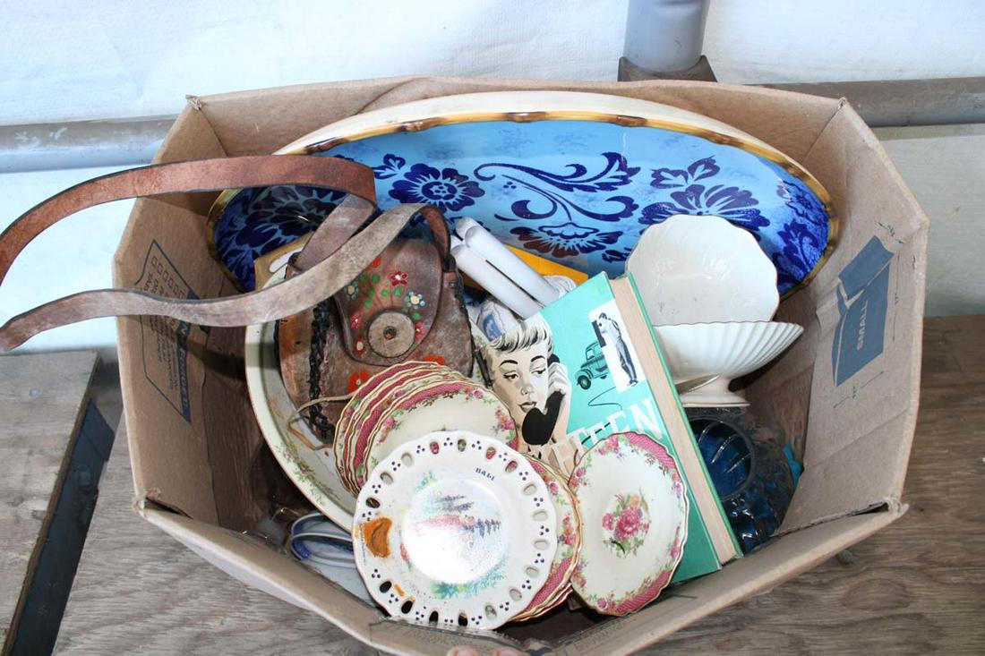 Box lot of miscellaneous plates tray, book, more (1 of 6)