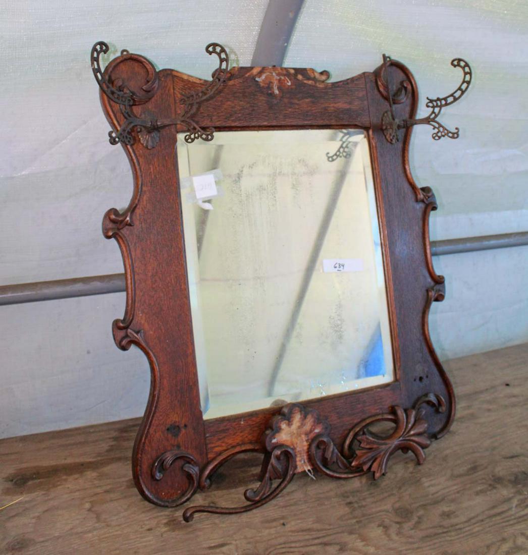 Antique oak hall rack mirror with original hooks (1 of 3)