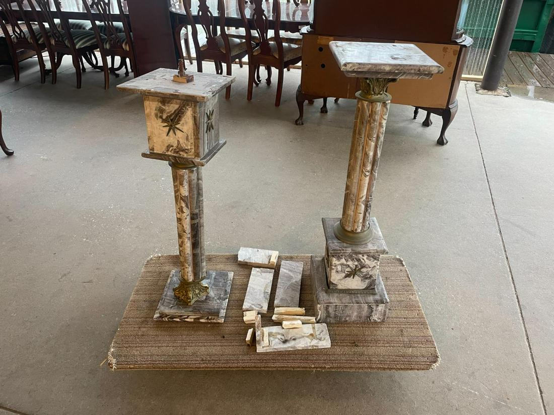 Pair French style marble pedestals with bronze accents. As is. One needs to be repaired (1 of 7)