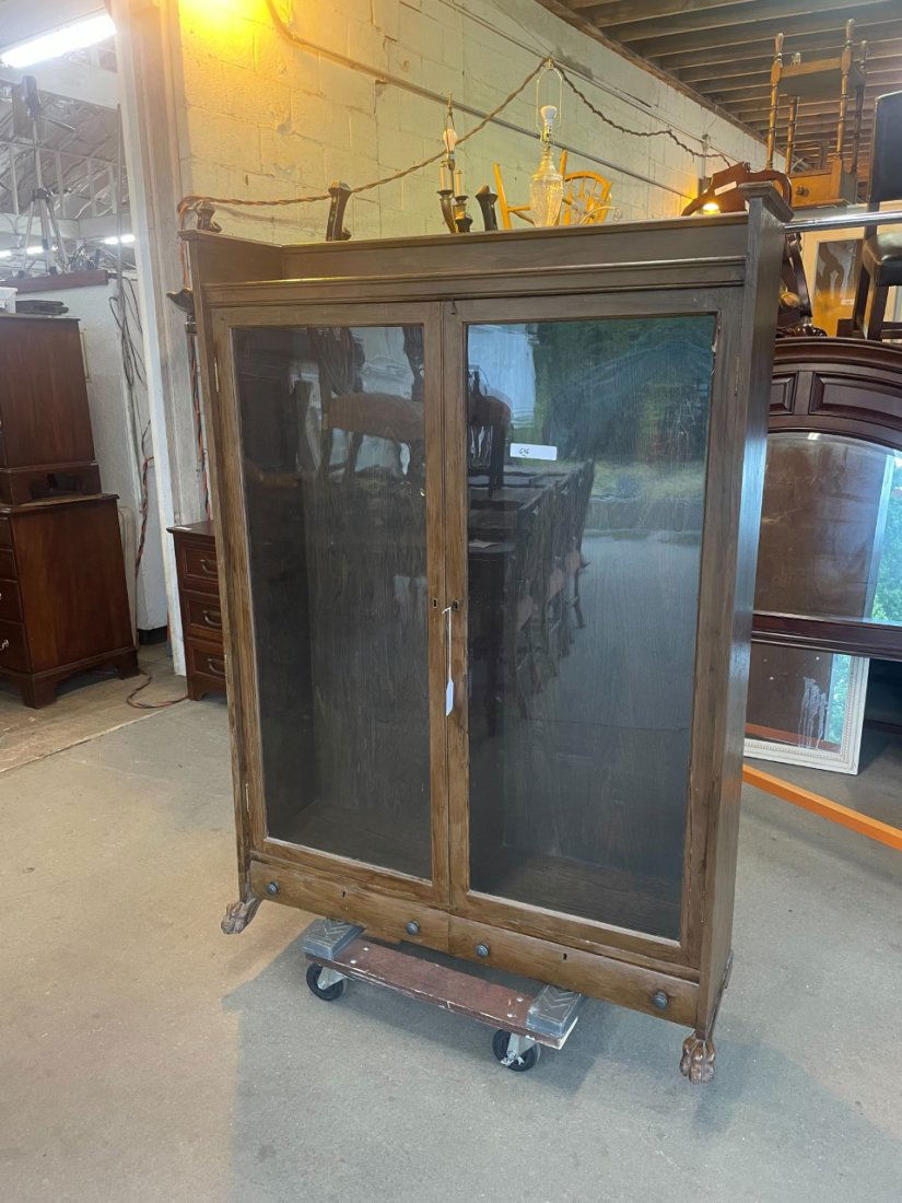 Antique oak 2 door 2 drawer paw foot bookcase in the paint, with wooden shelves, as is (1 of 7)