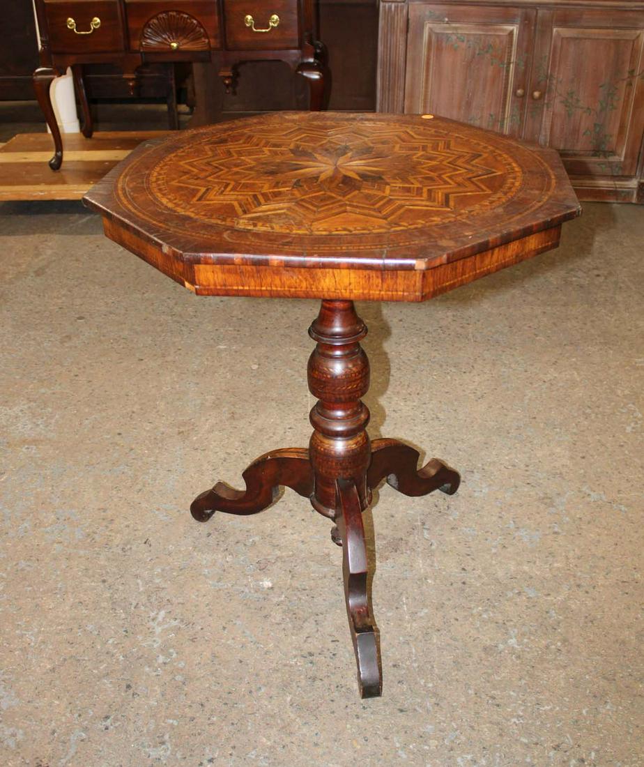 Antique octagon inlaid rosewood center table: Antique octagon inlaid rosewood and other woods center table in original finish, does have some veneer loss approx. 26" w x 26" d x 29" h