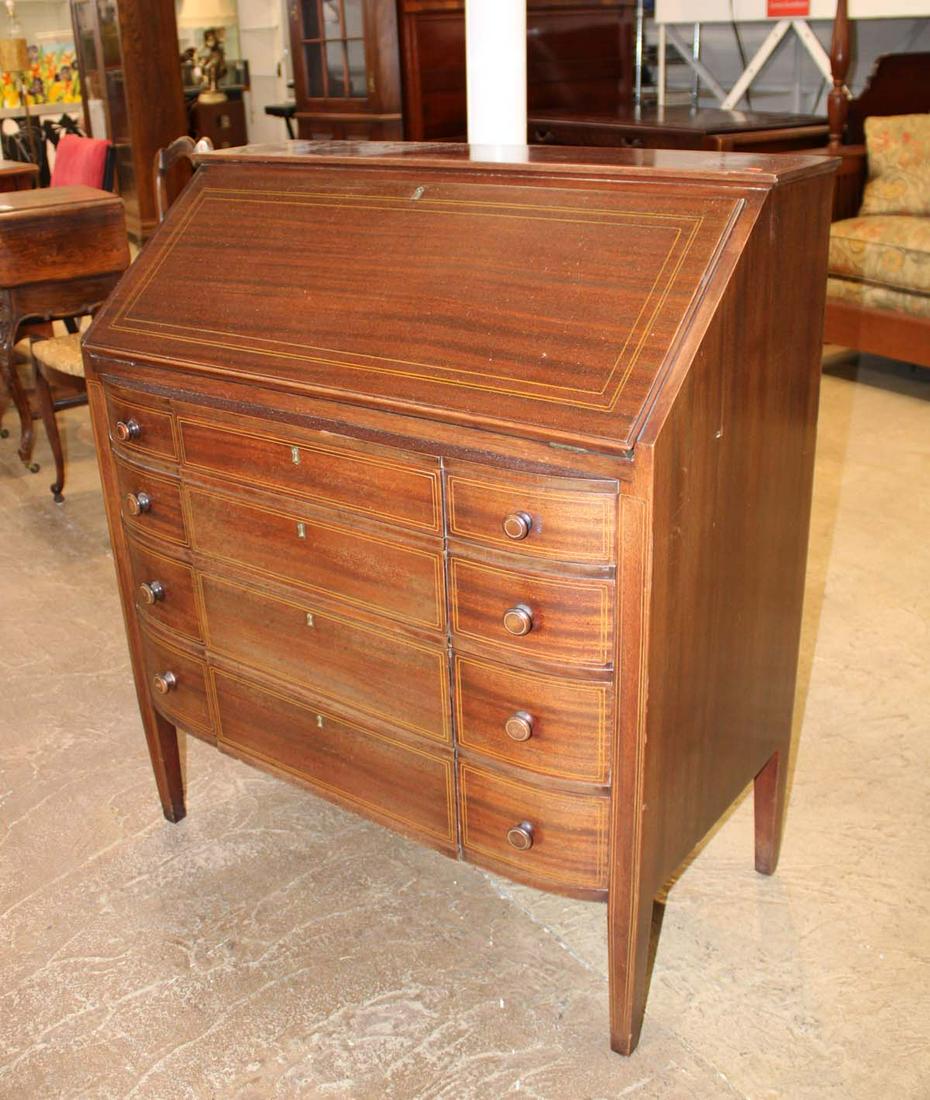 Antique pencil inlay mahogany slant front desk: Antique pencil inlay mahogany 4 drawer slant front desk approx. 34" w x 20" d x 40" h