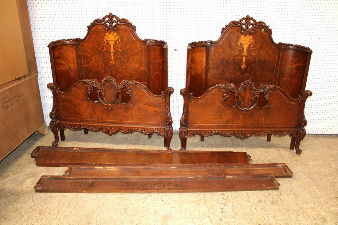 Beautiful pair of antique burl walnut with exotic wood inlay French style twin size bed with rails (1 of 5)