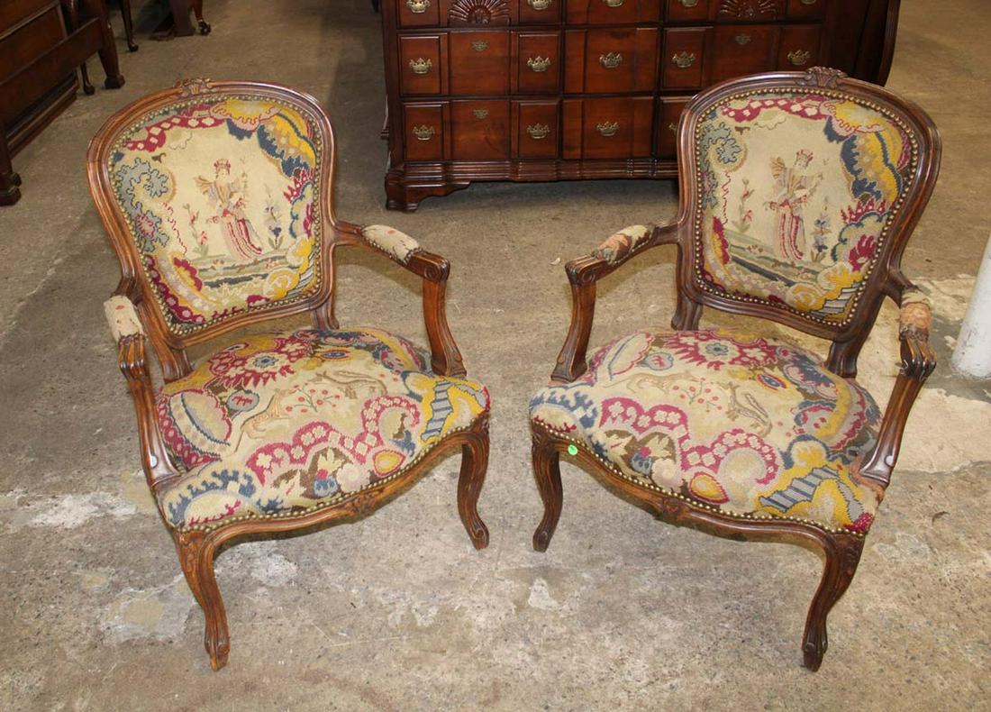 Pair antique walnut frame needlepoint arm chairs (1 of 6)