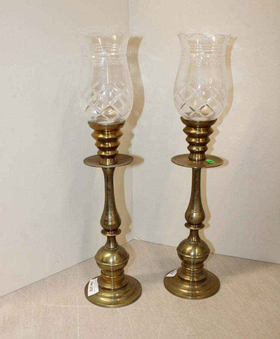 Pair of brass candle stick lamps with glass shades (1 of 3)