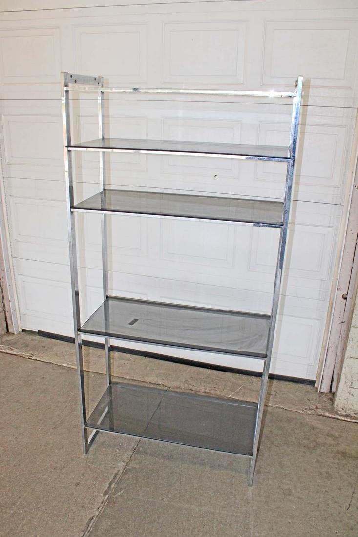 Vintage chrome and smoked glass etegere: Vintage chrome and smoked glass etegere approx. 36" w x 16" d x 74" h