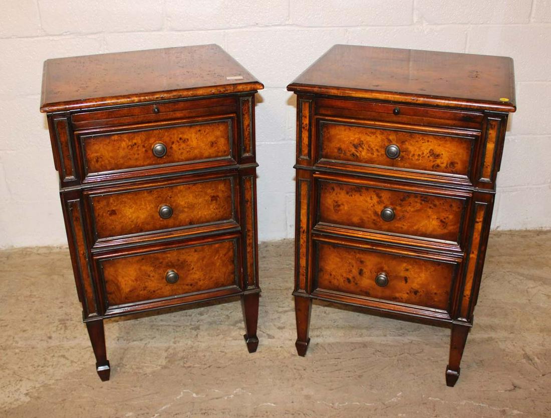 Pair of burl walnut Theodore Alexander style 3 drawer bedside chests with leather top pull out trays (1 of 4)