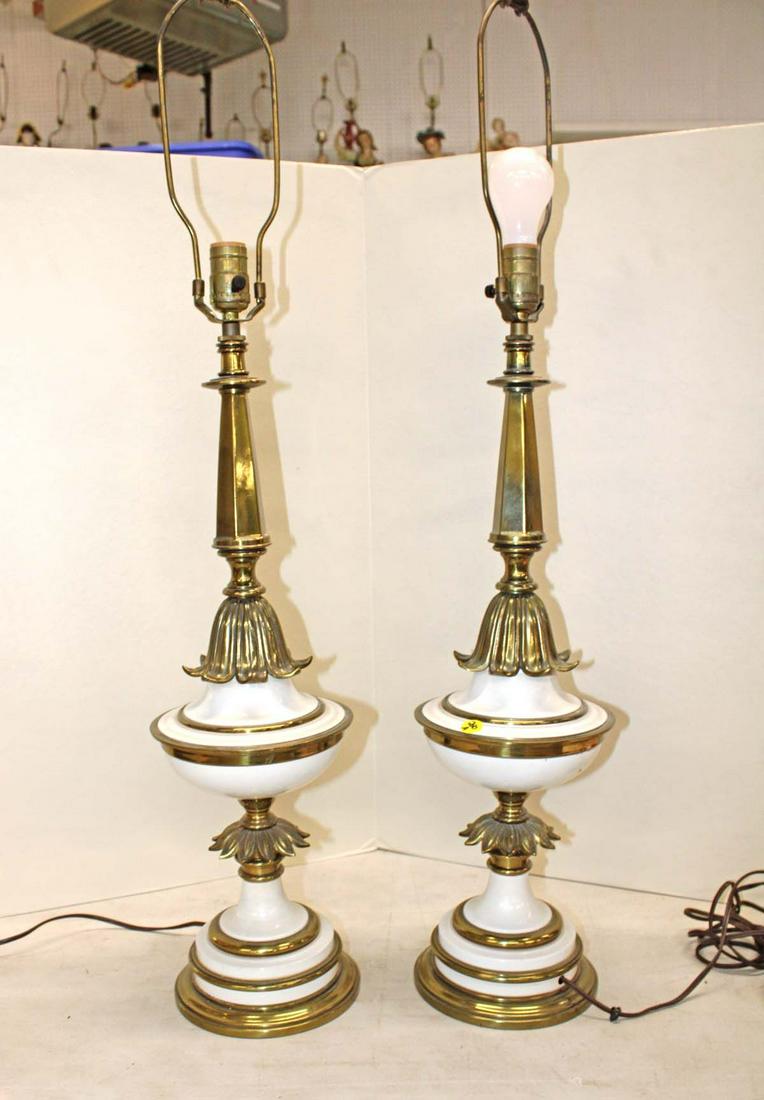 Pair of Italian style brass and porcelain lamps: Pair of Italian style brass and porcelain decorator lamps approx. 7" diameter x 37" h