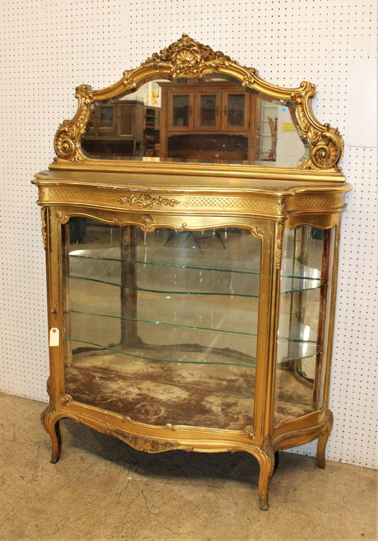 Beautiful antique french gold gilt serpentine mirror back vitrine curio cabinet with glass shelves (1 of 7)