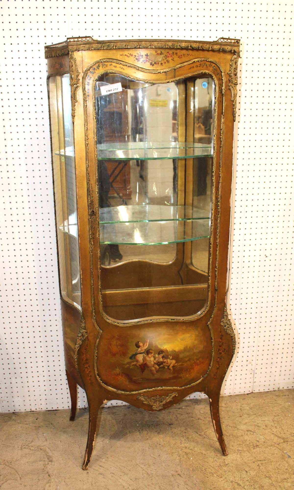 Antique Vernis Martin style 1 door french style paint decorated bow front vitrine curio cabinet (1 of 8)