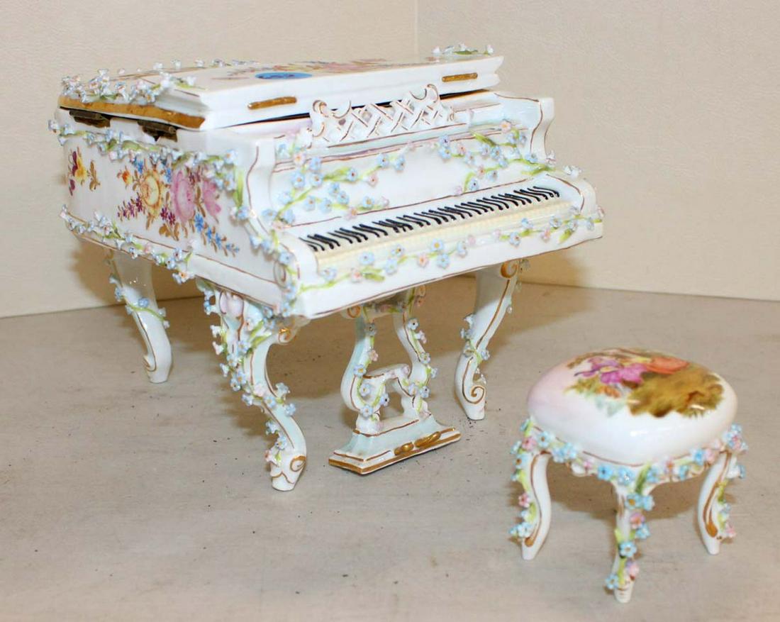 Antique Dresden 2pc porcelain piano ring box and stool (1 of 8)