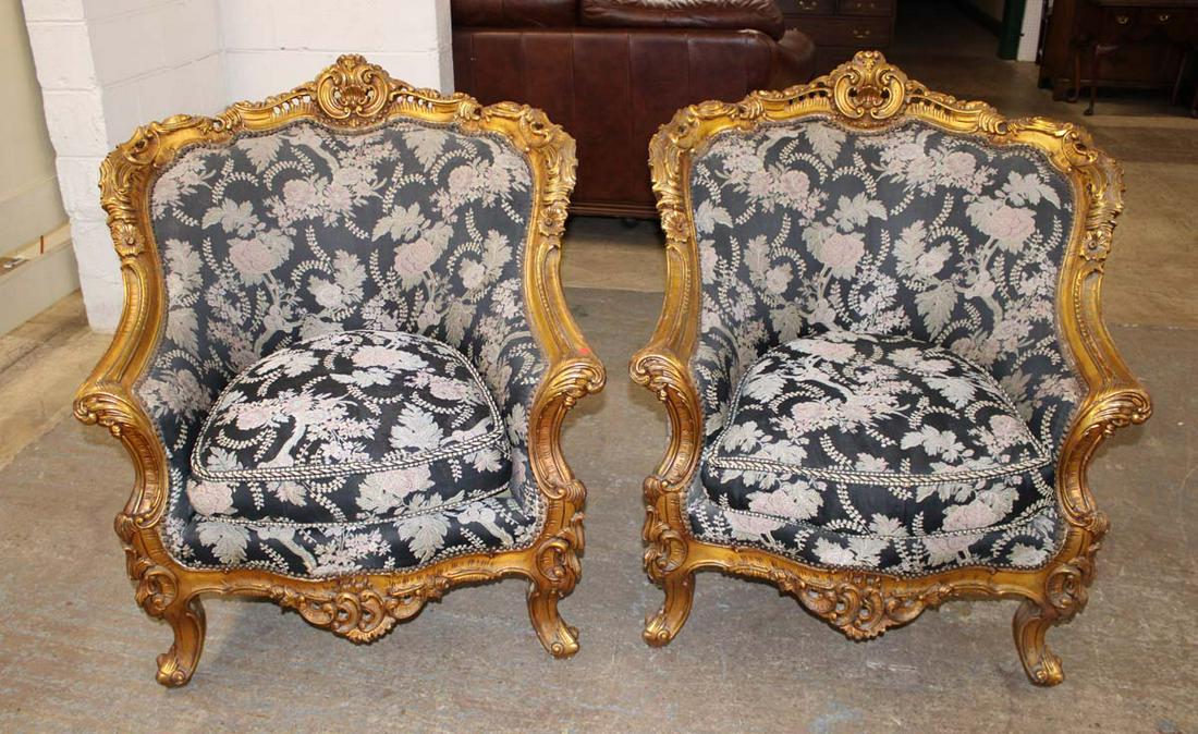 Pair of highly carved French style parlor chairs in the gold frame (1 of 4)