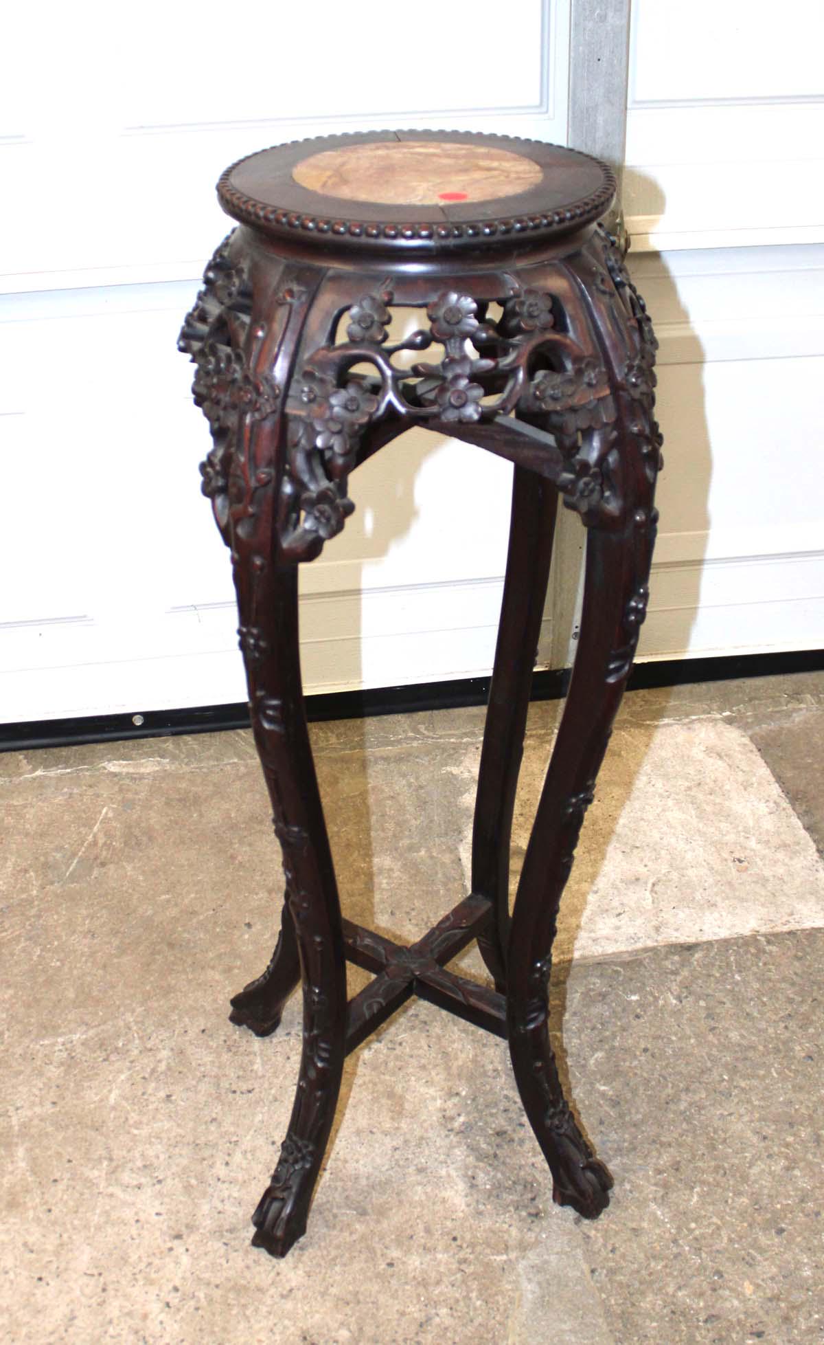 Antique Asian carved hardwood marble top stand approx. 15" diameter x 36" h (1 of 4)