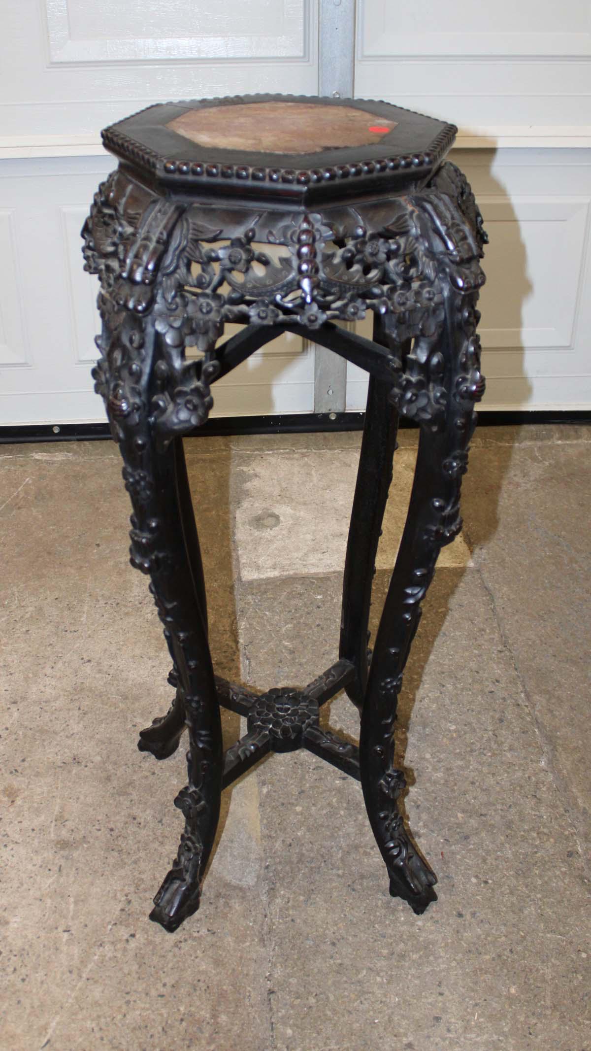 Antique Asian carved hardwood marble top stand approx. 18" diameter x 36" h (1 of 5)
