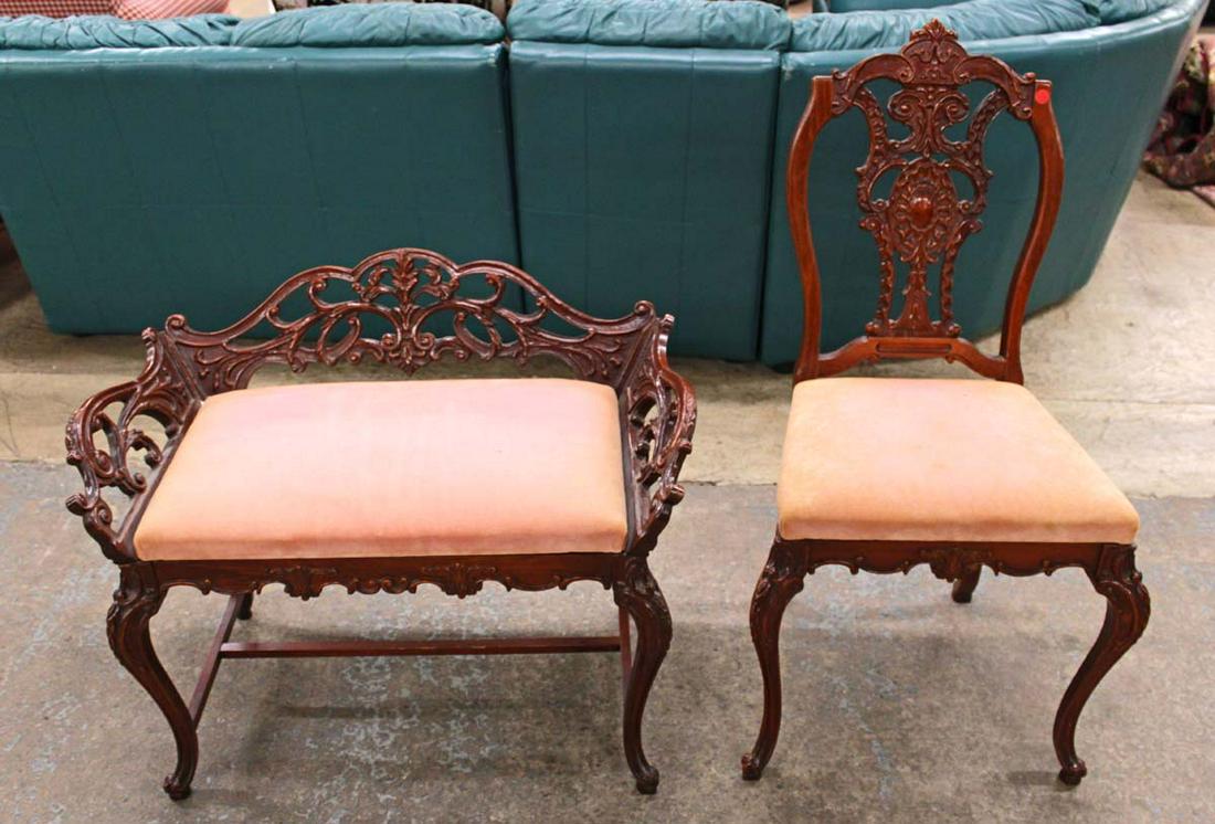 Vintage burl mahogany French carved vanity bench and chair, Chair has no stretcher (1 of 6)
